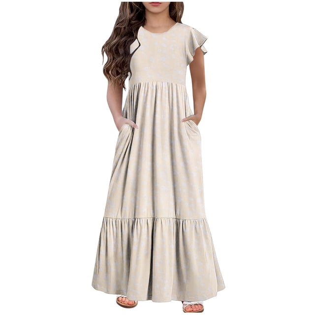 WRKEKC Robe Maxi pour Filles, Robe Décontractée d'Été pour Filles, Robe d'Été à Manches Courtes Col Rond Couleur Unie 8-9 Ans