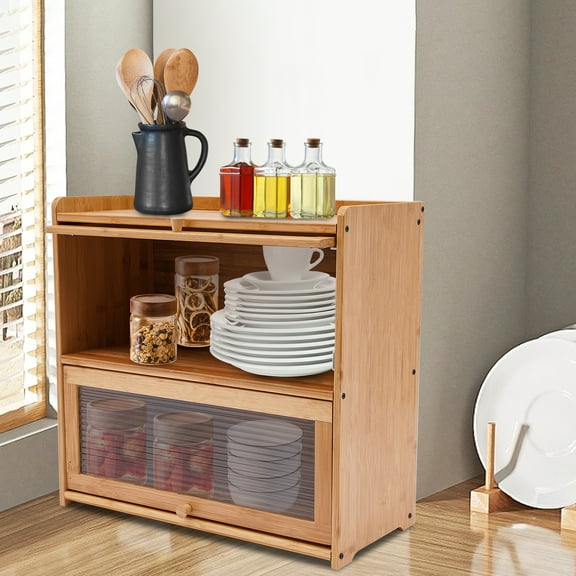 Primary Color 2 Tier Bamboo Storage Cabinet Countertop Storage Cabinet Home for Bread Condiments Plates Bowls