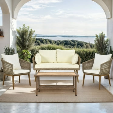 Dextrus 4 Piece Boho Outdoor Patio Conversation Set, PE Rattan with Cushions, Loveseat Sofa Patio Wicker Bistro Set with Coffee Table - Beige Outdoor Furniture set