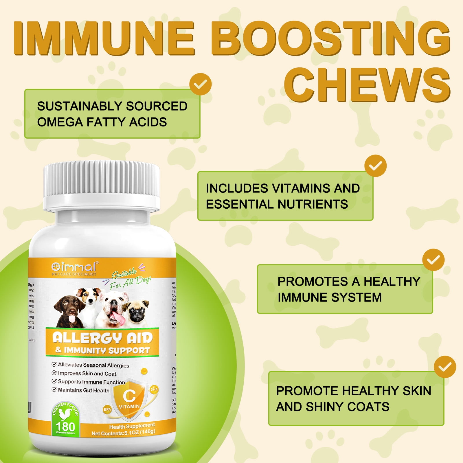 Oimmal Allergy Relief Chewable Tablets for Dog | Health Supplements for Dog | Relieve Dogs Skin Irritation and Shedding Due to Seasonal Allergies or Dermatitis | 180*2 Chewable Tablets