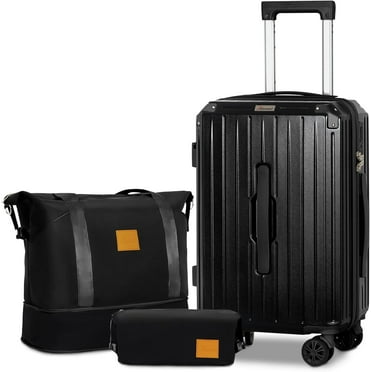 3-Piece Carry-On Luggage Set with Cup Holder TSA Lock, 20" Hardside Spinner Suitcase with Duffel Bag, Lightweight Durable PC ABS Black Travel Luggage