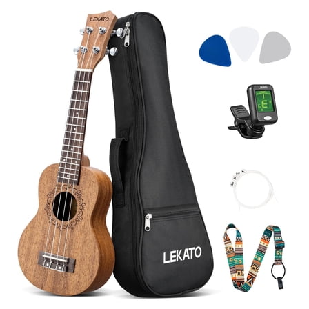 LEKATO 21 Inch Soprano Ukulele for Beginners Starter Kit Sapele Ukelele Professional Hawaiian Guitar Uke for Adults Kids with Gig Bag Strap Nylon Strings Picks Digital Tuner