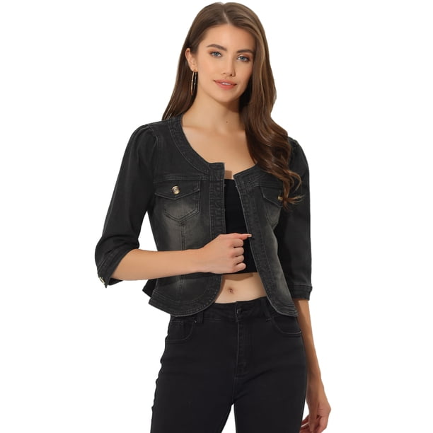 Allegra K Chaqueta de mezclilla sin cuello para mujer Chaquetas de mezclilla de manga 3/4 Negro L
