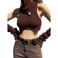 thumbnail image 4 of Liacowi Women Turtleneck Knitted Tank Tops Brown Sleeveless Irregular Ribbed Crop Tops Slim Fit, 4 of 7