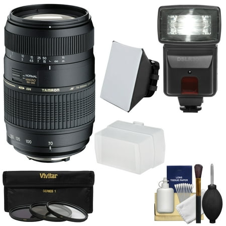 Tamron 70-300mm f/4-5.6 Di LD Macro 1:2 Zoom Lens (BIM) with 3 Filters + Flash & 2 Diffusers + Kit for Nikon D3200, D3300, D5200, D5300, D7000, D7100, D610, D800, D810, D4s DSLR (Best Macro Lens For Nikon D800)