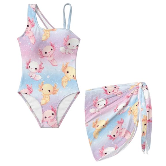 SEANATIVE Girls One-Piece Bathing Suit with Mesh Wrap Skirt Swimsuit Back Cutout Design Swimwear Trendy Swimsuits for Teen Kid Young Girls, Size 7-8, Cartoon Axolotl Flower Pink Blue