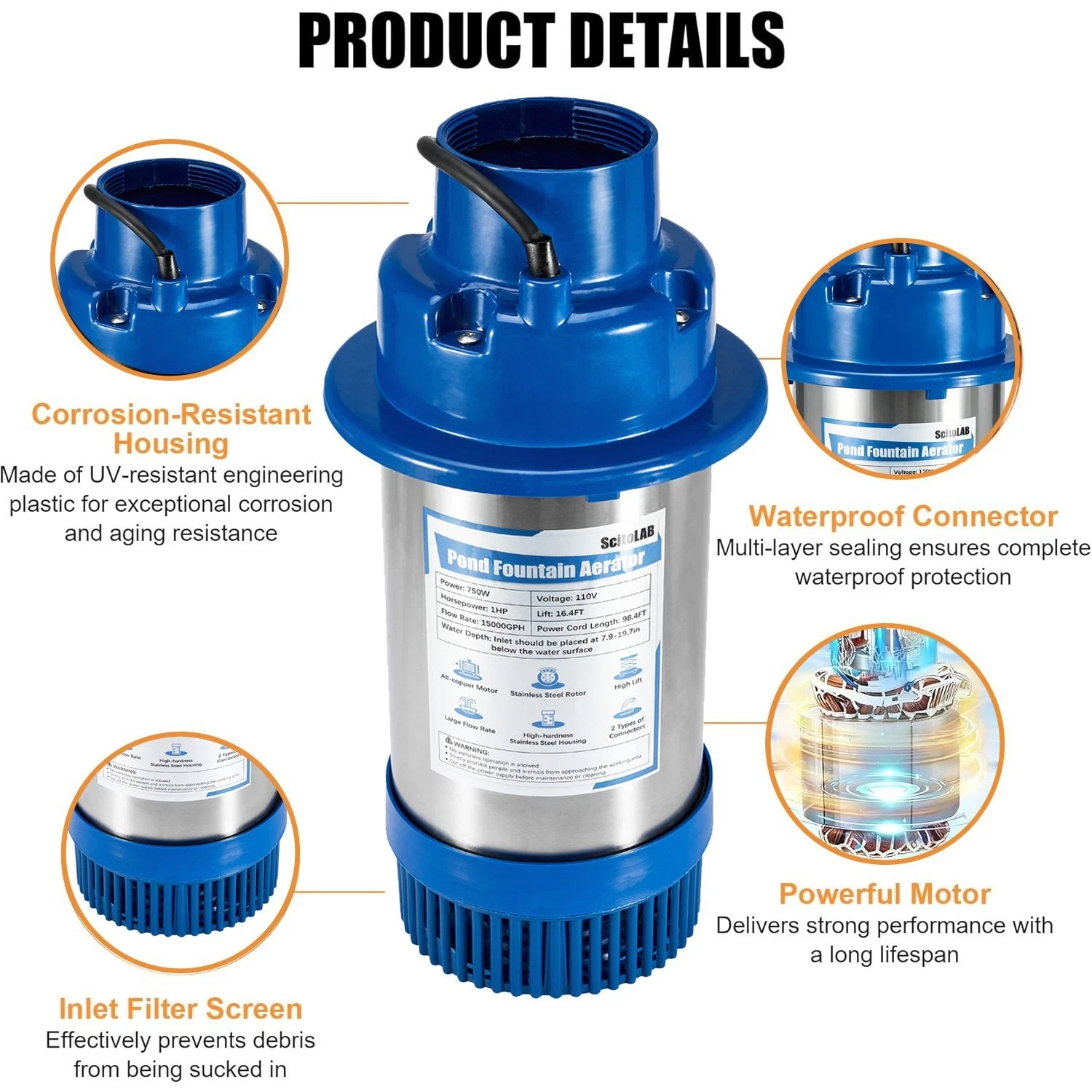 FOUR E's Scientific Pond Fountain Aerator, 1HP 15000GPH Floating Fountain Pump with 100ft Power Cord for Outdoor Ponds, 110V 750W