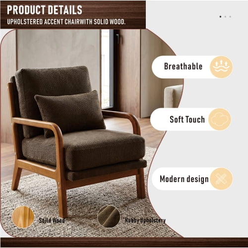 Wooden Lounge Chair with Solid Wood Armrests, Mid-Century Modern Single Sofa for Living Room, Bedroom, Balcony, Office, Coffee