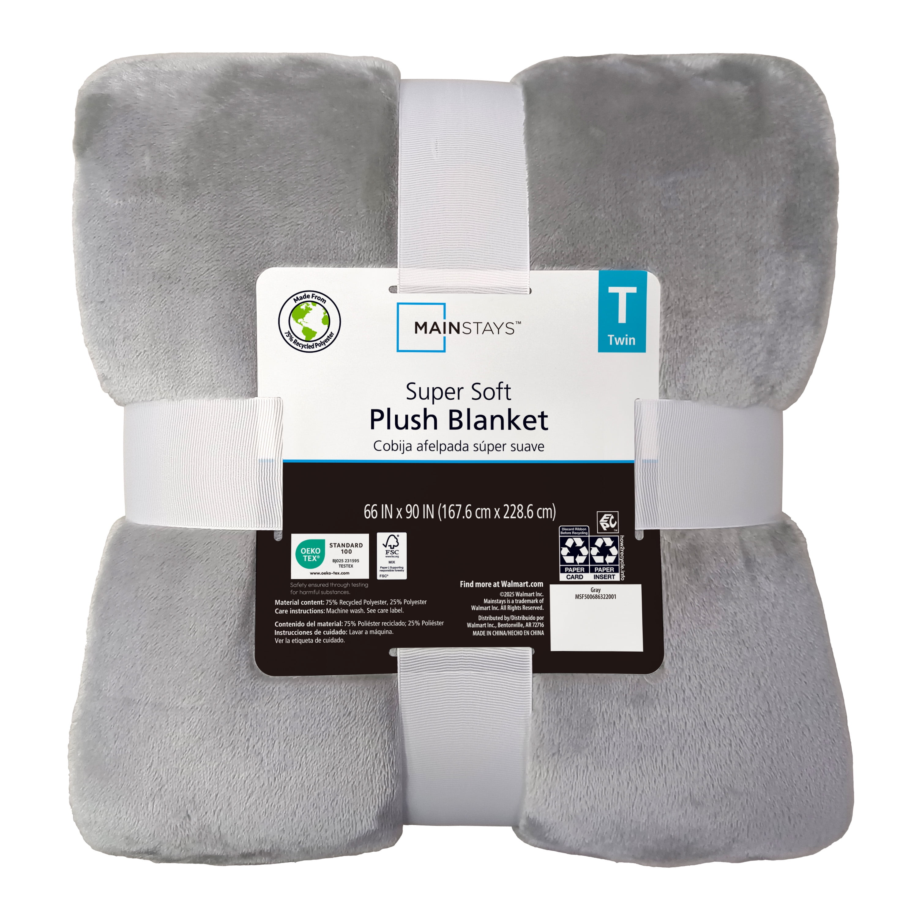 Mainstays Super Soft Plush Blanket, Gray, Twin, Adult/Teen