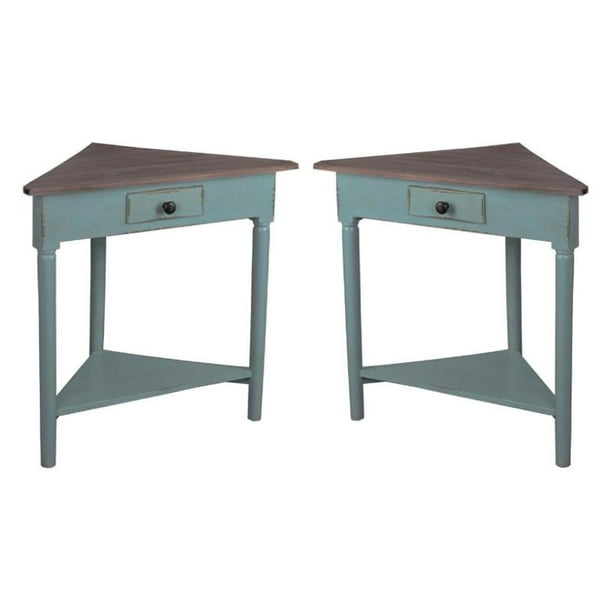 Home Square Wood Corner Table in Distressed Beach Blue & Raftwood Set