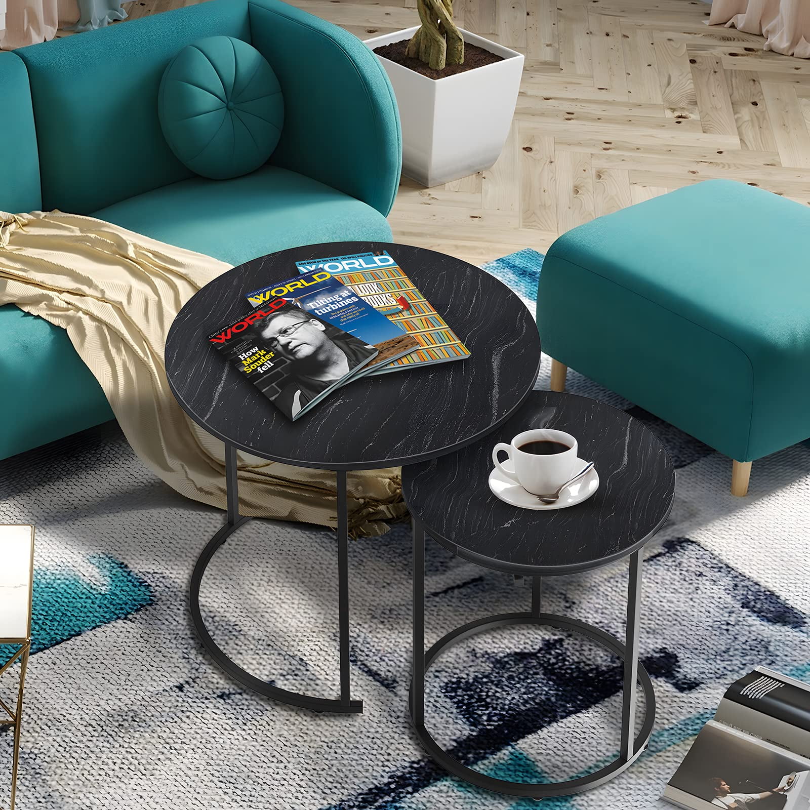 Black Marble Nesting Coffee Table for Small Place 24 in 2 Sets High Side End Sofa Table Nightstand Modern Furniture Living Room Cabin Bed Room Dining RoomGarden 4 You (Black Marble)