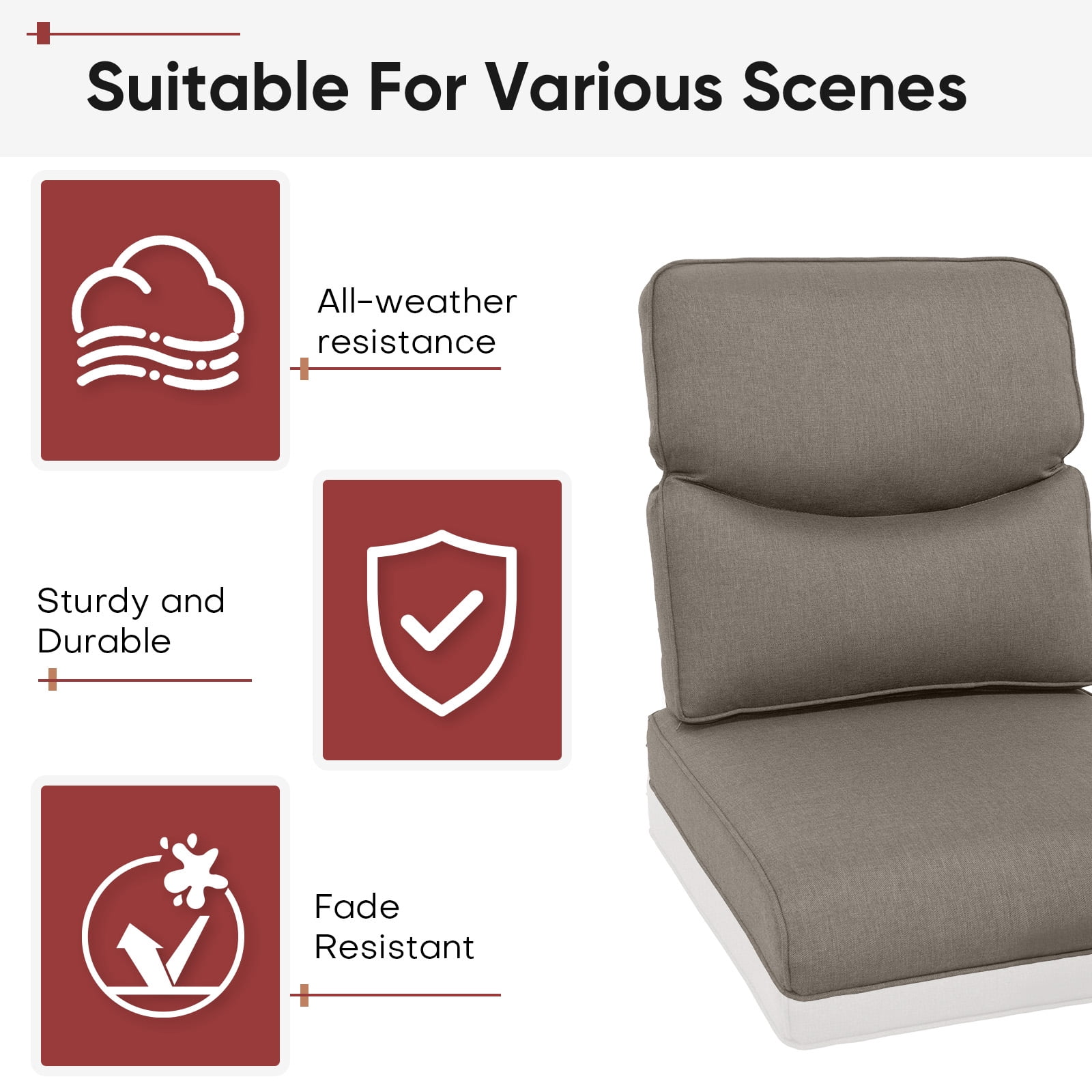Opohoro Outdoor 25" x 22" Gray Lounge Chair Cushions, 8-Count