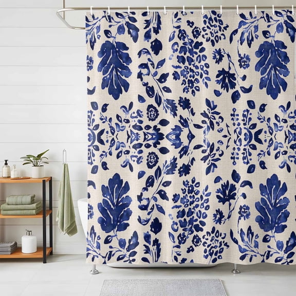 Shower Curtain Watercolor Blue Flower Pattern Shower Curtains for Bathroom Decor, Waterproof Polyester Shower Curtain Set with Hooks, Extra Long 72" x 78" Linen Background