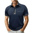 thumbnail image 3 of Afuyipoi Men’s Button-Front Short-Sleeve Polo Shirt with Pocket, Casual Turn-Down Collar Top Navy Size L, 3 of 8