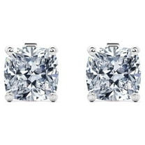 JeenMata 4 Carat Cushion Cut Moissanite 4 Prong Solitaire Stud Earrings In 18K White Gold Plating Over Silver