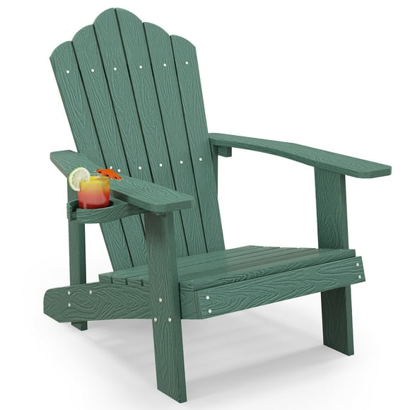 Gymax Patio HIPS Outdoor Weather Resistant Slatted Chair Adirondack Chair w/ Cup Holder Dark Green