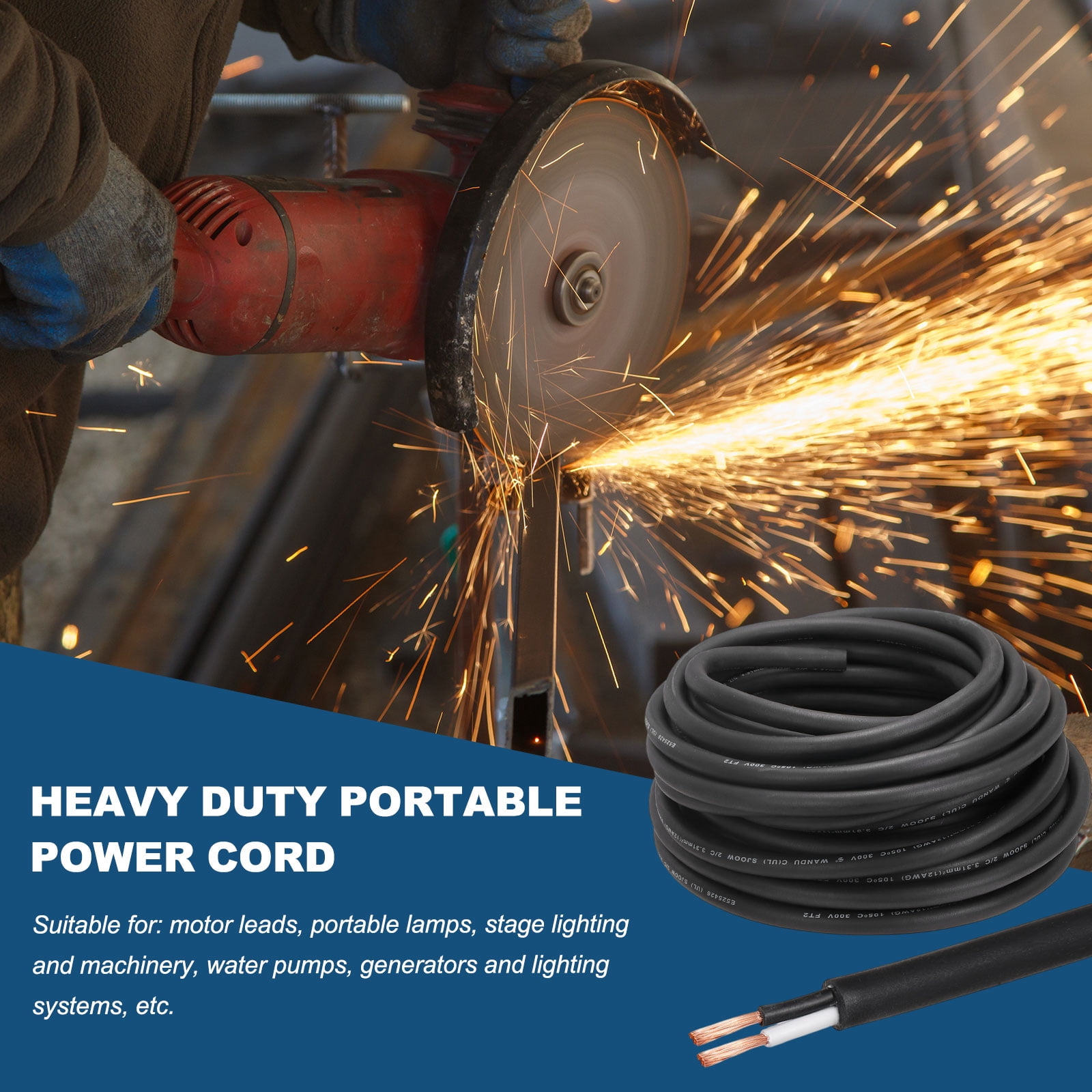 Uxcell SJOOW 12 Gauge 2 Conductor Electrical Wire, 10ft 12 AWG Automotive Wire, Portable Power Cable 300V for Generators, LED Lights, Battery Chargers, Flexible Extension Cord