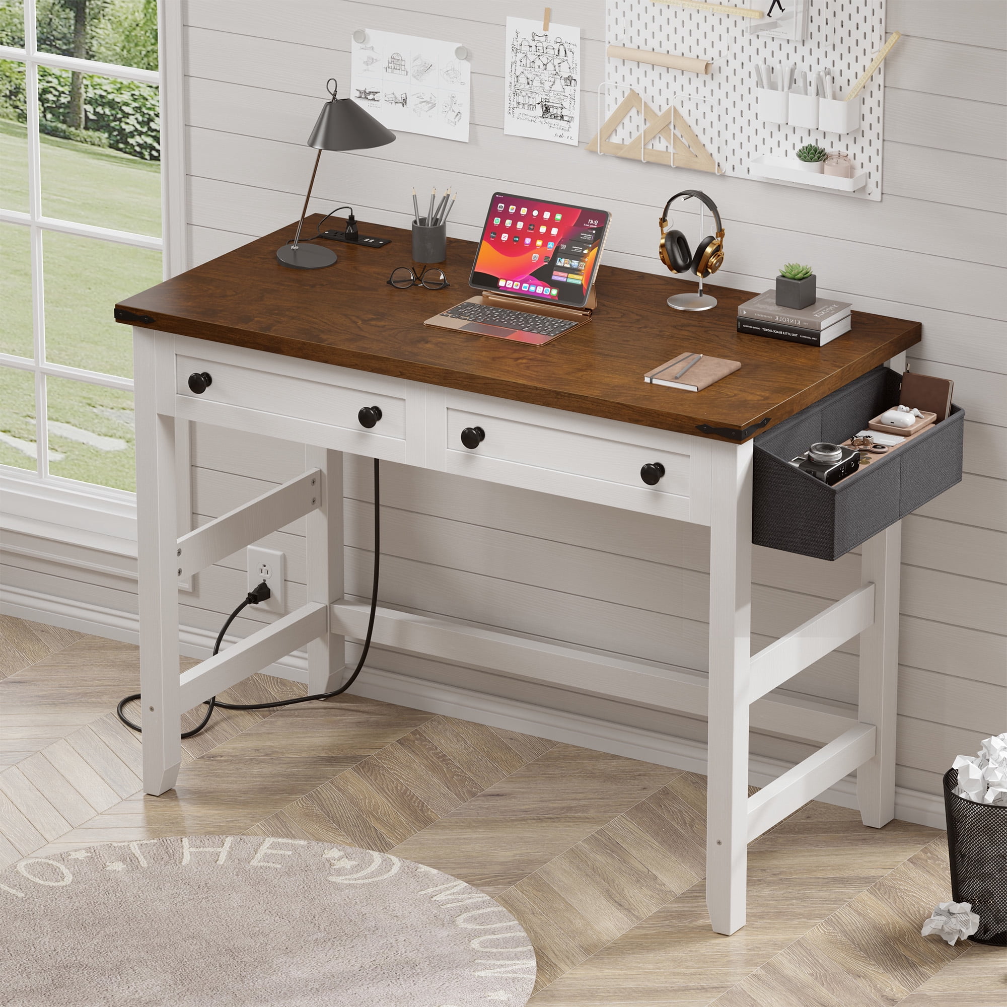 Romorgniz 32"Small Desk with USB Ports&Outlets,Farmhouse Desk with Drawers&Side Storage for Dorm, Bedroom, Vanity,Study Writing Table