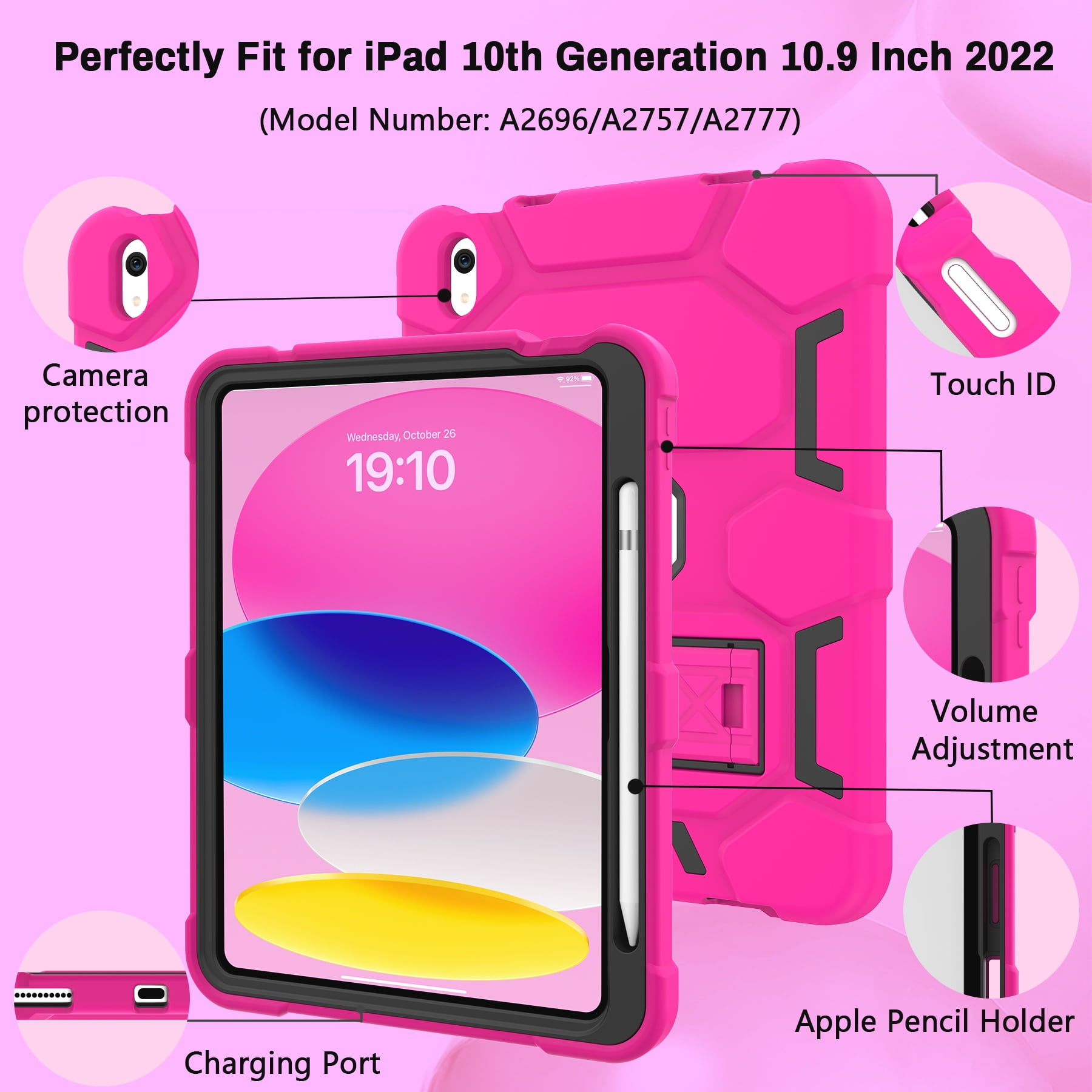 Rantice Case for iPad 10th Generation 10.9 Inch 2022, iPad (A16) 11th Gen 11 Inch 2025, with Kickstand & Pencil Holder, Heavy Duty Shockproof Hybrid Protective Cover for Kids Girls, RosePink+Black