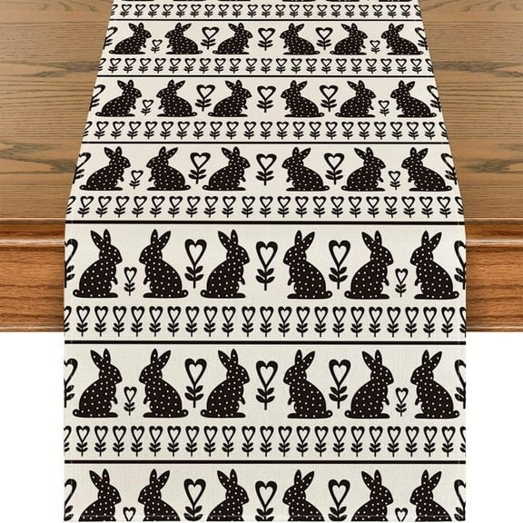 Eoozwa Bunny Happy Easter Linen Table Runner,Spring Summer Seasonal Holiday Kitchen Dining Table Decoration for Indoor Outdoor Home Party Decor