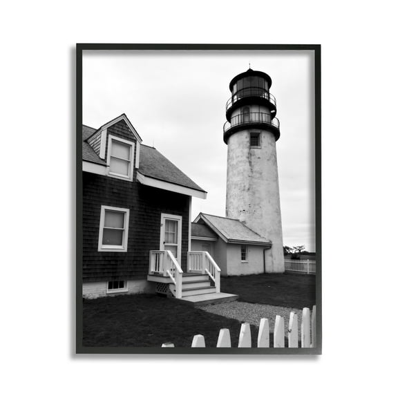 Stupell Industries Coastal Lighthouse with Fence Nature Photography Black Framed Art Print Wall Art, 11 x 14
