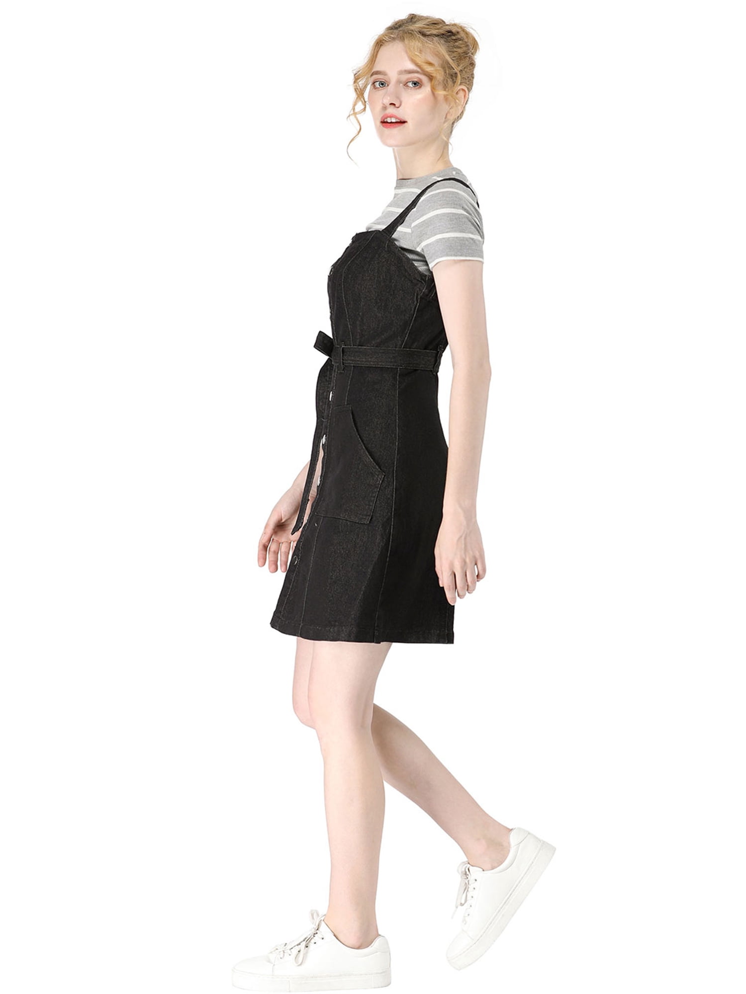 Unique Bargains Junior's Adjustable Strap a-Line Overall Denim Dress