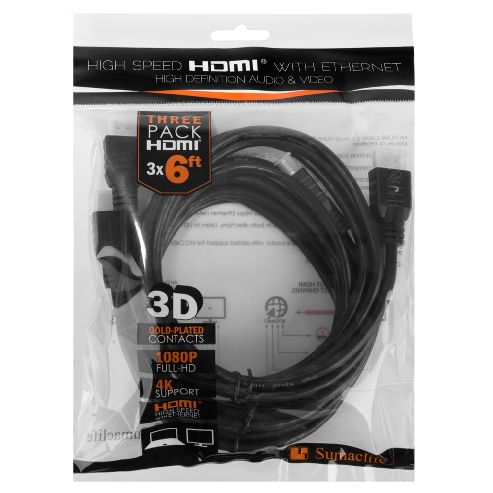 6 Ft. Gold Plated Connector High Speed HDMI 4K Compatible Cable 3 Pack with 6 Adhesive Cable Organizers