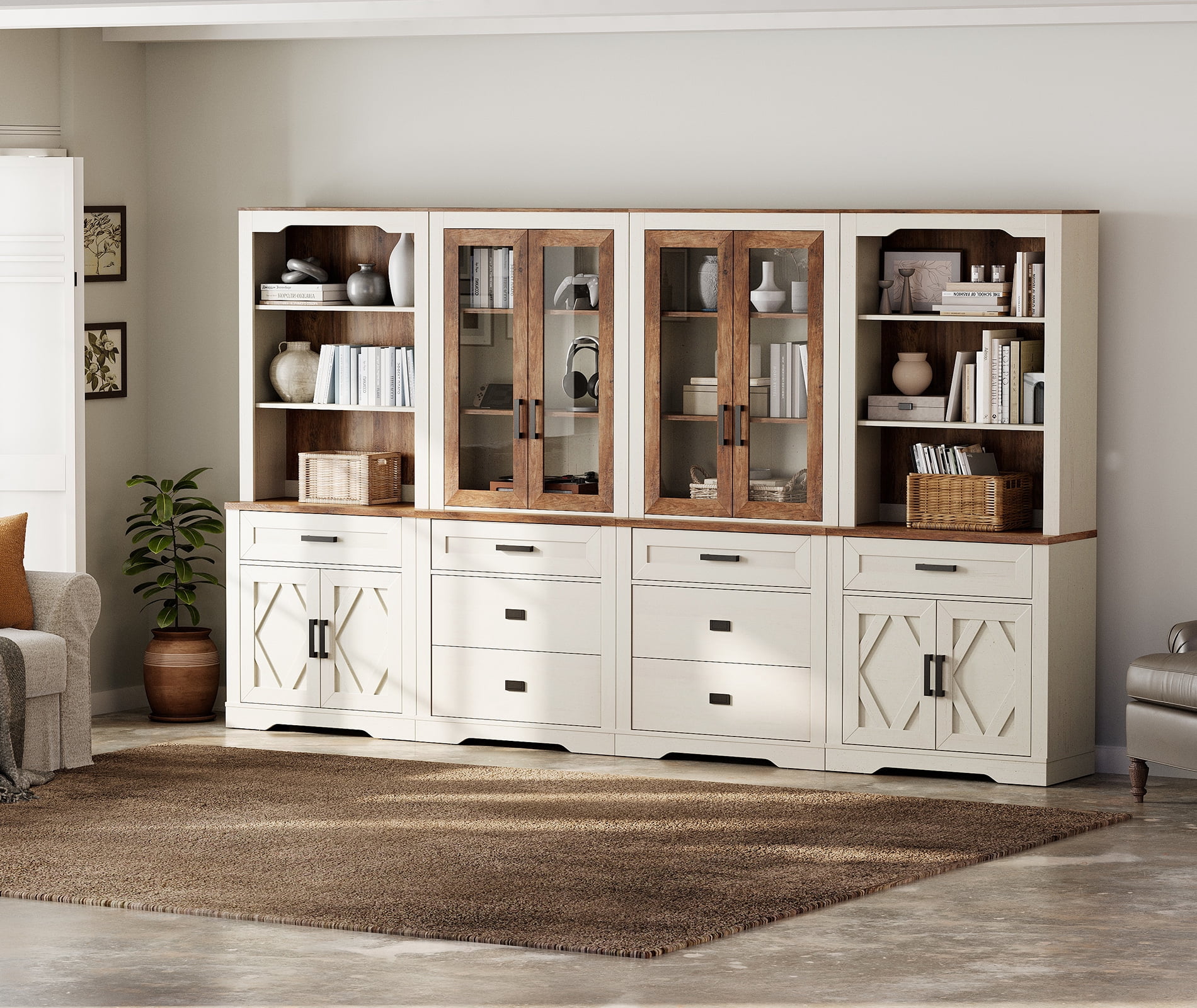 WAMPAT 4 Column 5 Tier Bookcase with Drawer,73.3" Tall Floor Standing Bookshelf,Modern Farmhouse Display Storage Cabinet with Adjustable Shelves for Living Room,White Oak