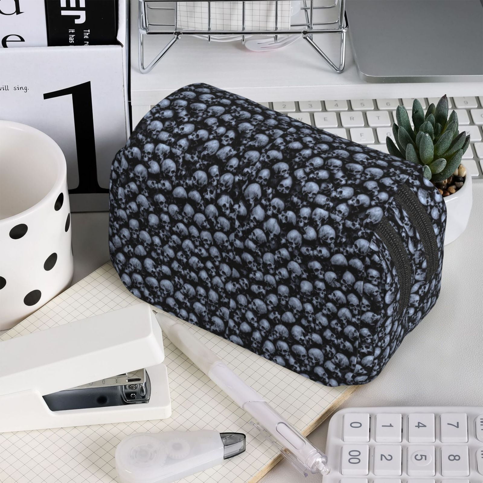 Rateoe Gothic Skull Pattern Double Clamshell Pen Case, Storage Organizer with Two Zipper Compartments– Holds Up to 50 Pencils & Pens