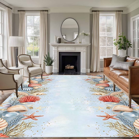5'x7' Area Rugs, Blue Coastal Indoor Outdoor Area Rug for Living Room Bedroom, Summer Beach Starfish Shell Coral Washable Bathroom Rugs Kitchen Floor Carpet Mats Home Decor Aesthetic