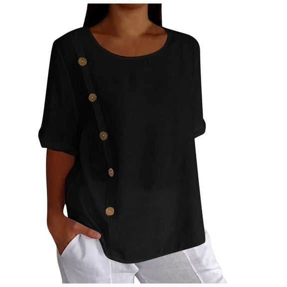 Women's Retro Fashion Solid Color Casual Loose Fit Summer Short Sleeve Side Button T-Shirt Comfortable Breathable Top