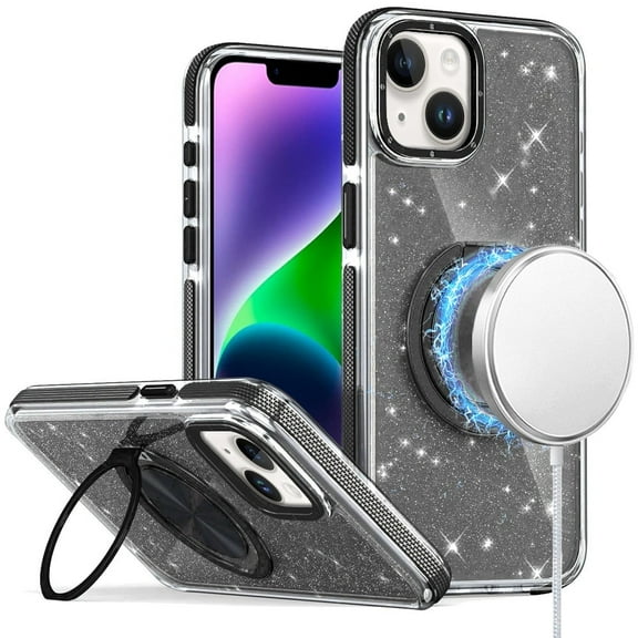 For Apple iPhone 16 Plus (6.7") Case, Slim Bling Glitter Sparkly Shimmer Hybrid with Magnetic Ring and 360° Rotational Stand [Compatible with Magsafe] Phone Cover (Black)