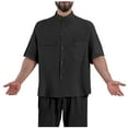 thumbnail image 2 of EOYWHK Linen Shirts for Men Banded Collar Short Sleeve Stand-up Collar Blouse & Shirt Fashion Casual Solid Color Button Pocket Short Sleeve Stand-up Collar Blouse, 2 of 5