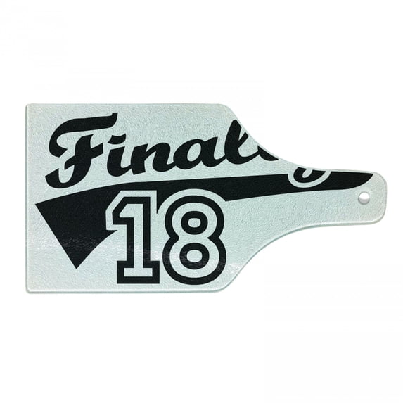 18th Birthday Cutting Board, Finally 18 Words Basketball Logo Seemed Sports Movement Image, Decorative Tempered Glass Cutting and Serving Board, Wine Bottle Shape, Black and White, by Ambesonne
