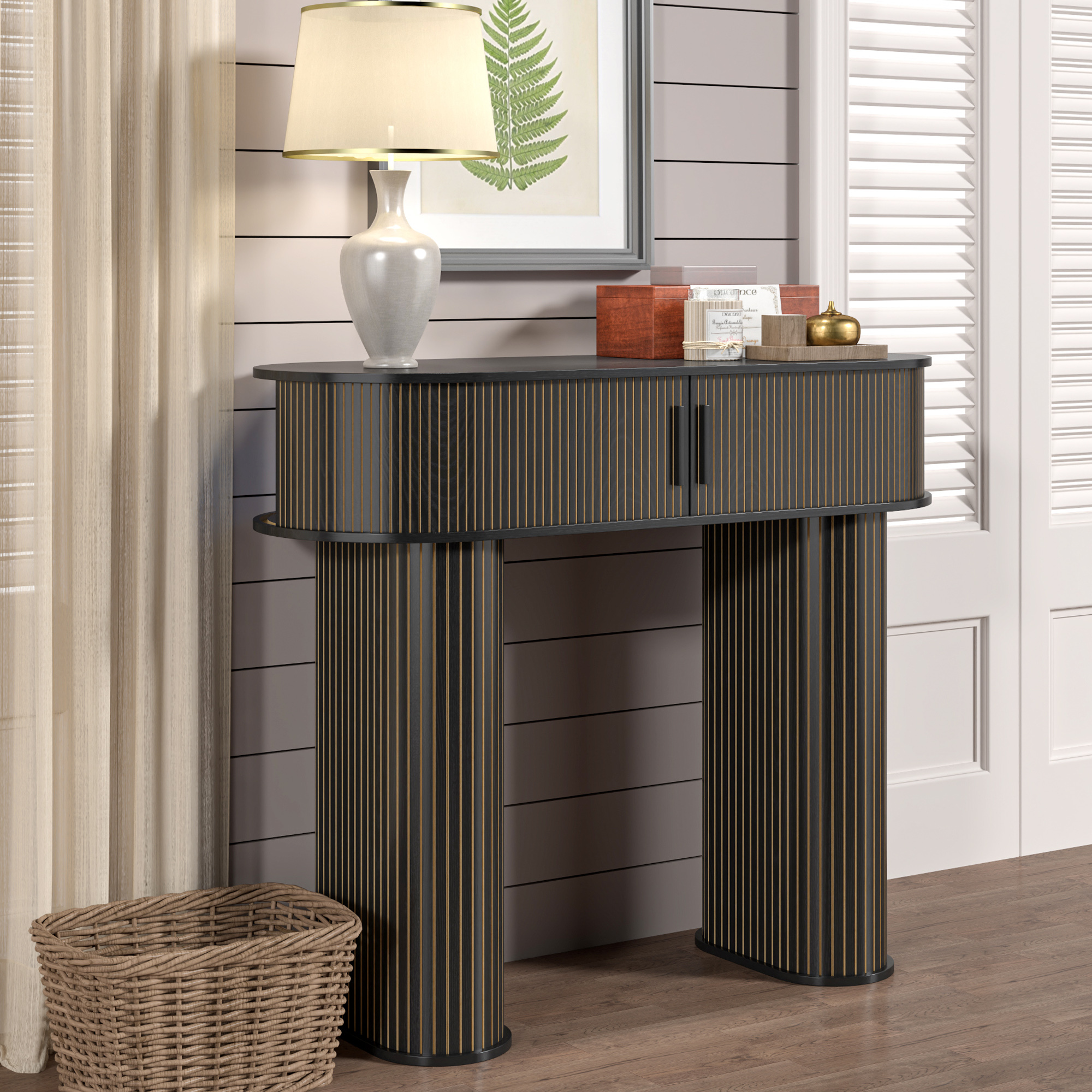 Furtivusia Console Table with Storage, Entryway Table with Sliding Door, Wood Sofa Table for Living Room, Foyer, Hallway, Black