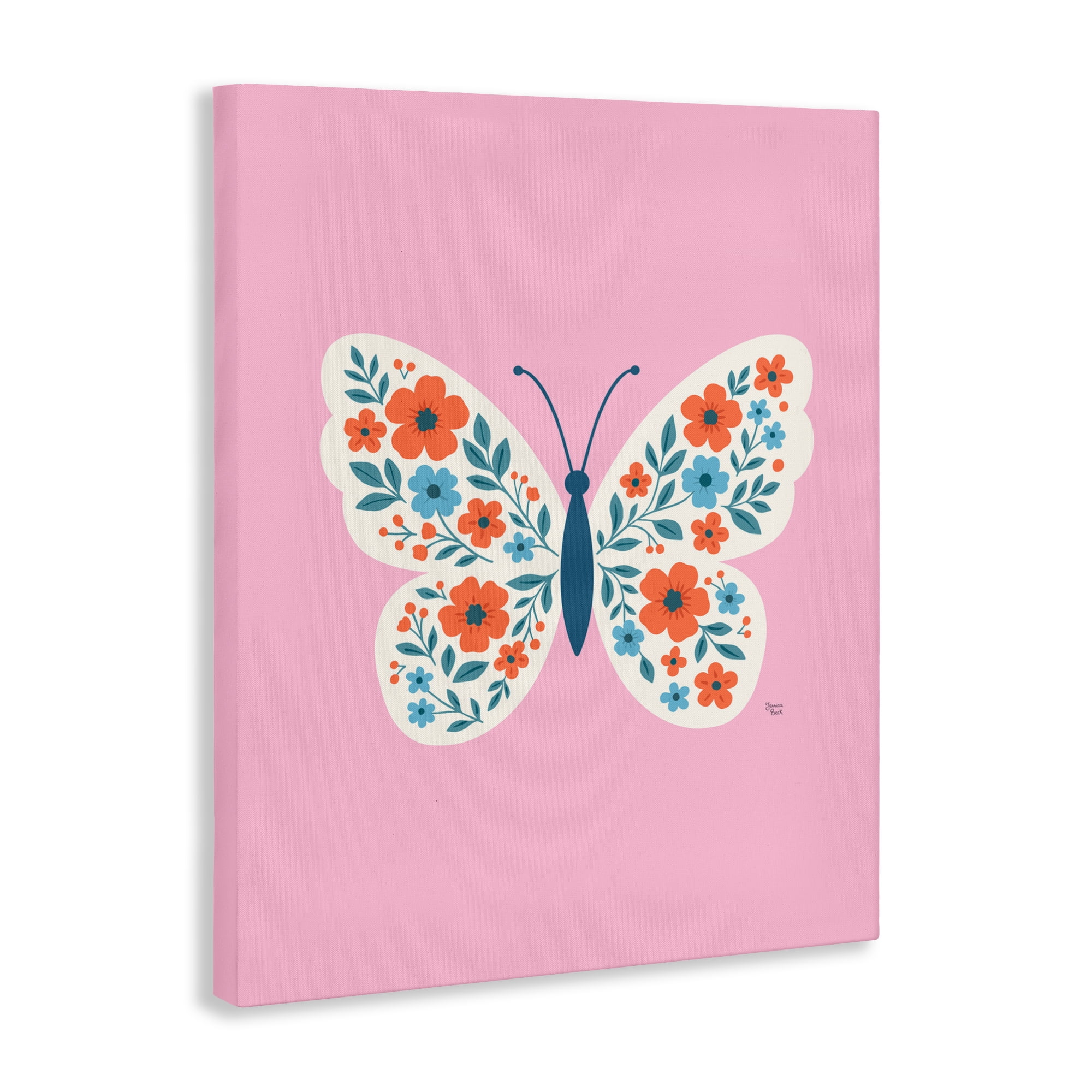 Boho Pink Floral Butterfly Canvas Wall Art, design by Jessica Beck