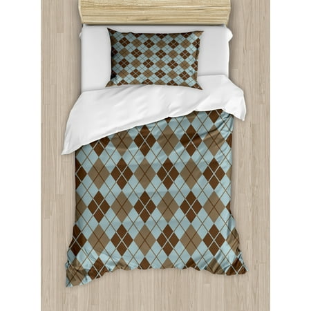 Brown And Blue Duvet Cover Set Argyle Pattern With Diamond Shaped