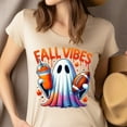 thumbnail image 4 of Fall Vibes Ghost T-Shirt | Gradient Halloween Football Coffee Tee | Unisex Autumn Shirt, Dark Heather, Size 2XL, 4 of 6