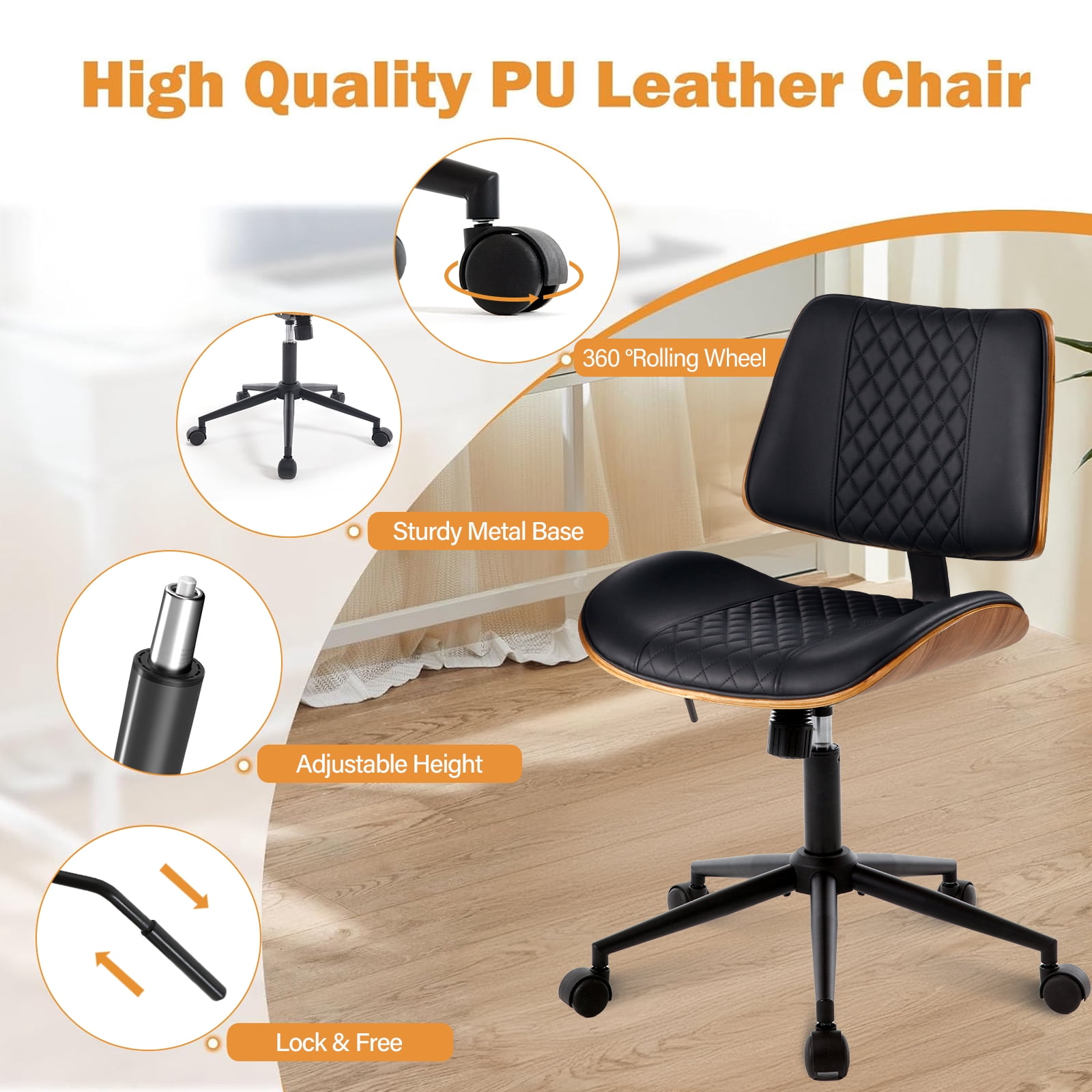 Home Office Chair, Armless Desk Chair with Wheels, Adjustable Height and 360° Swivel, Modern PU Leather Mid Back Computer Chair, Office Chair for Living Room Bedroom Office, Black