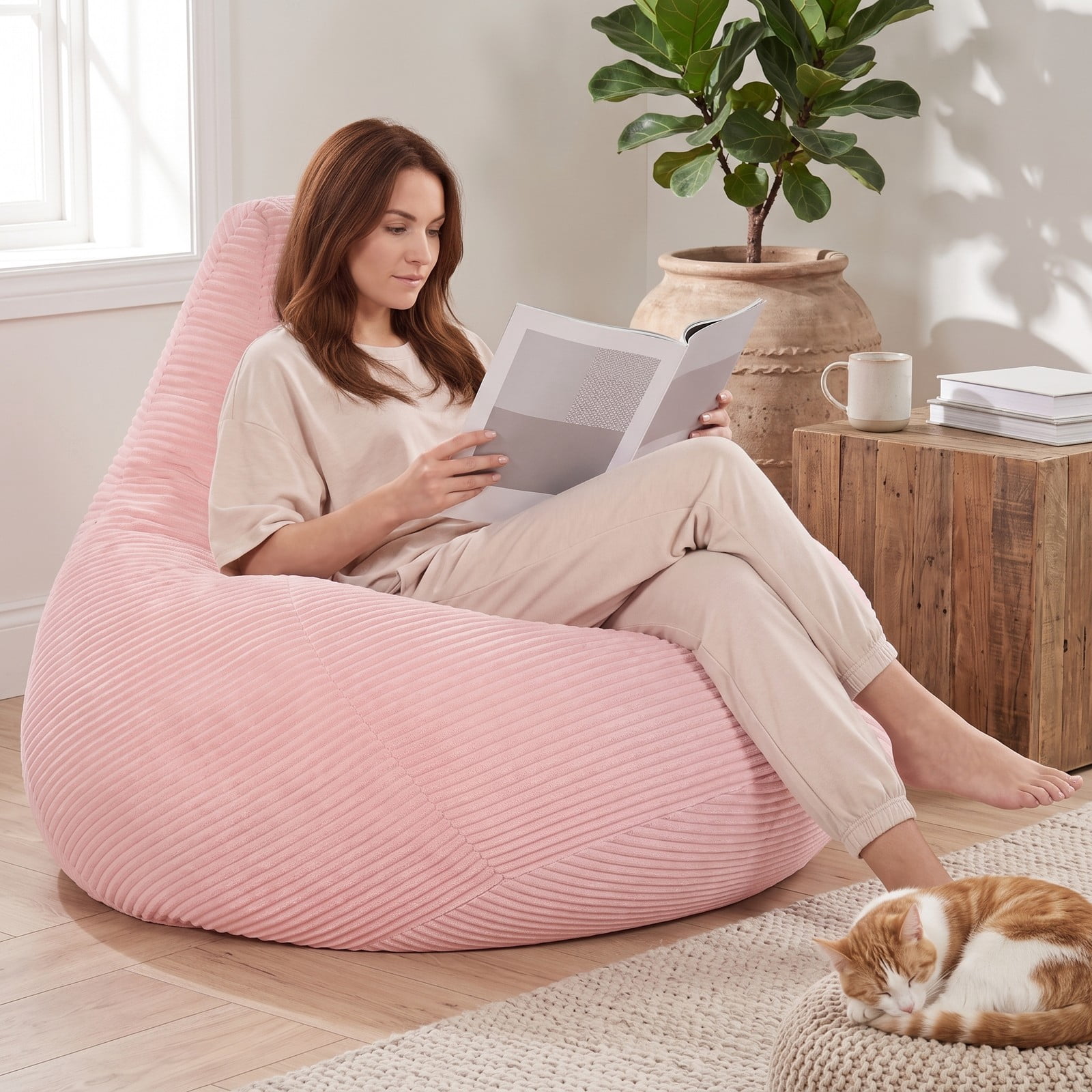 Furnibear Bean Bag Chair for Adults, Corduroy Lazy Lounger Accent Sofa with Soft Sponge Filling, Skin-Friendly Cover, Ergonomic Reading Gaming Seat for Bedroom, Pink