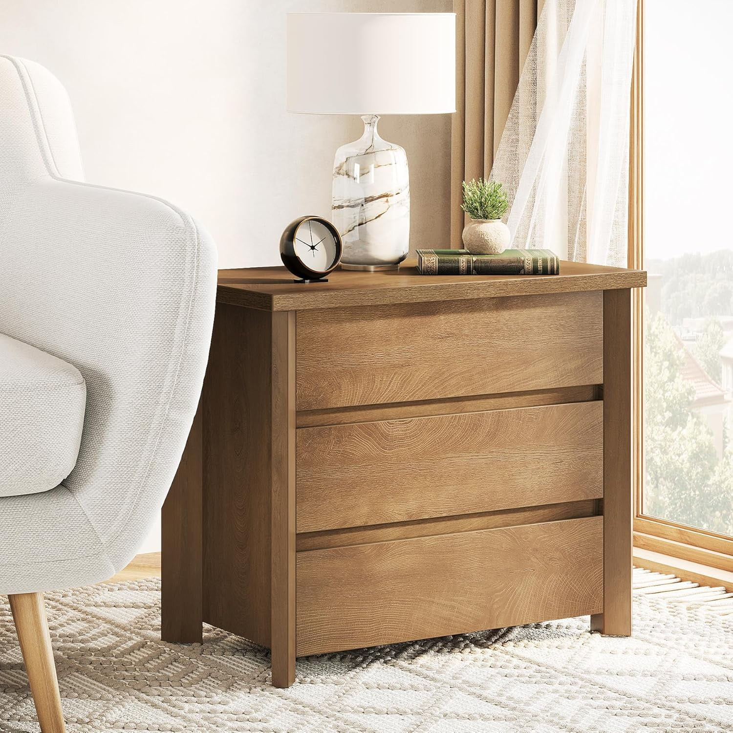 Tribesigns Wood Nightstand with 3 Drawers, Farmhouse Large Bedside Table with Storage for Bedroom and Small Spaces, Easy Assembly, Rustic Brown (1PCS)