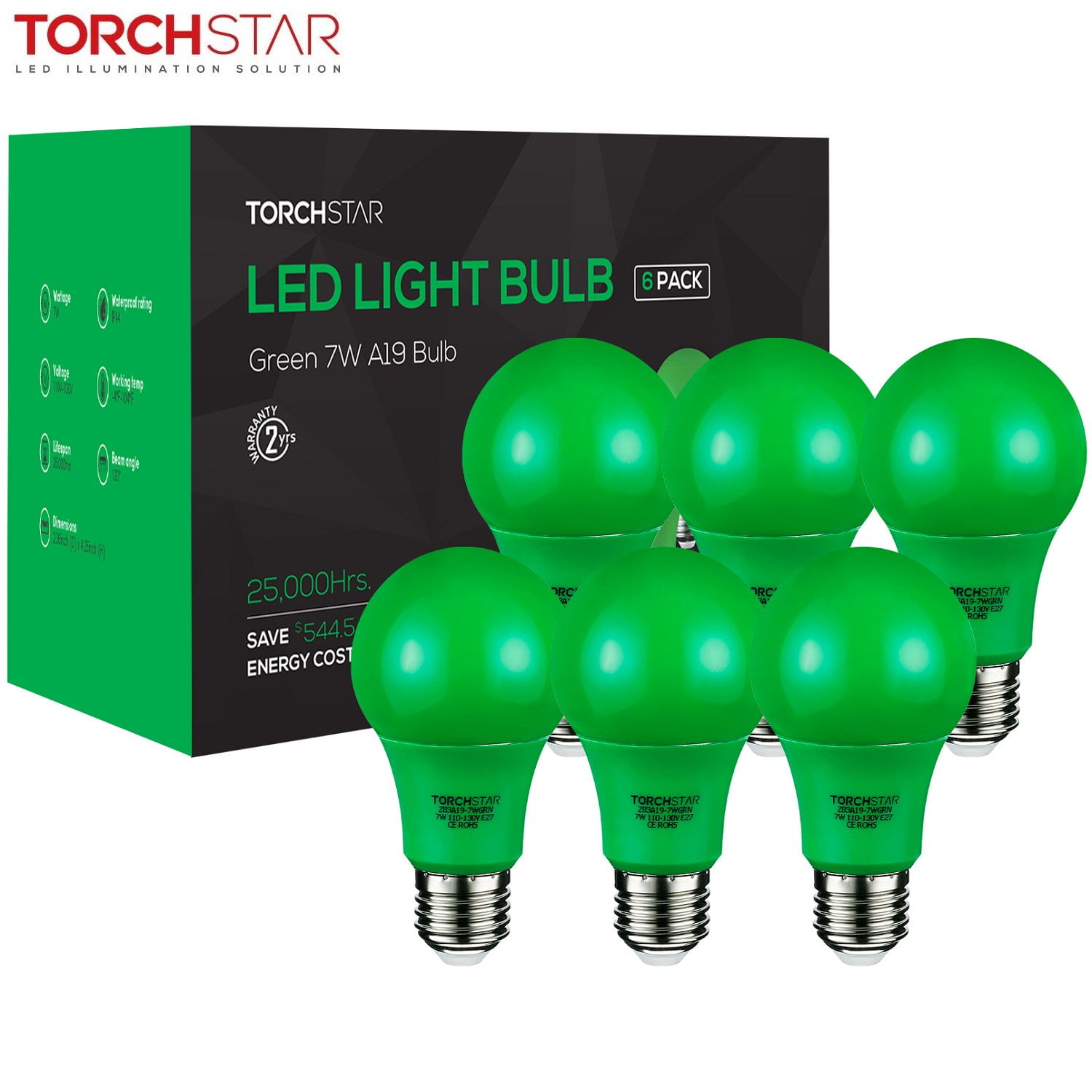 30,000hrs TORCHSTAR 7W Green LED A19 Colored Light Bulb E26/E27 Base Holiday Veterans Day Pack of 6 for Independence Day Christmas 30,000hrs TORCHSTAR 7W Green LED A19 Colored Light Bulb E26/E27 Base Holiday Veterans Day Pack of 6 for Independence Day Christmas