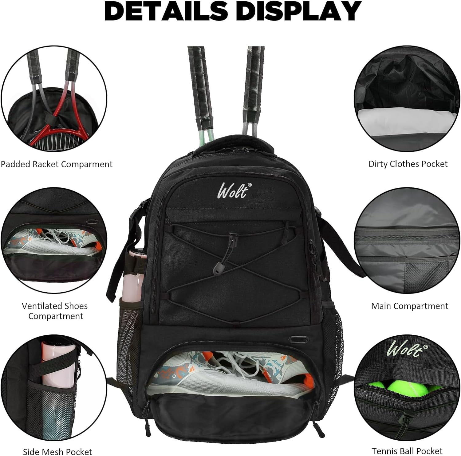 WOLT Tennis Racquet Sports Backpack Bag, 34L Capacity, Polyester with Ventilated Shoe Compartment, Black