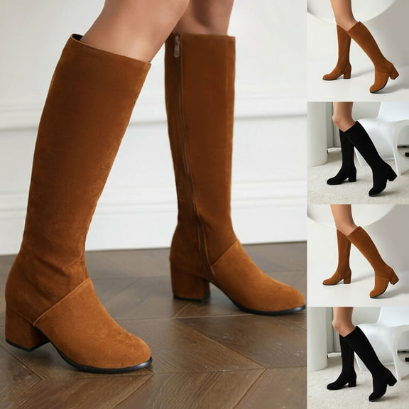 LOVZFMLL Cowboy Boots for Women Knee High Chelsea Boots Side Zipper Round Toe Slip Resistant Mid Block Heel Suede Casual Fall Winter