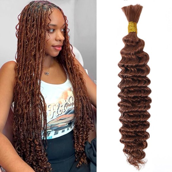 28 Inch 50g Human Braiding Hair 1 Bundles/Pack Deep Wave Bulk Human Braiding Hair for Boho Braids Wet and Wavy Brown Braiding Hair #30 Color No Weft Micro Braiding Hair