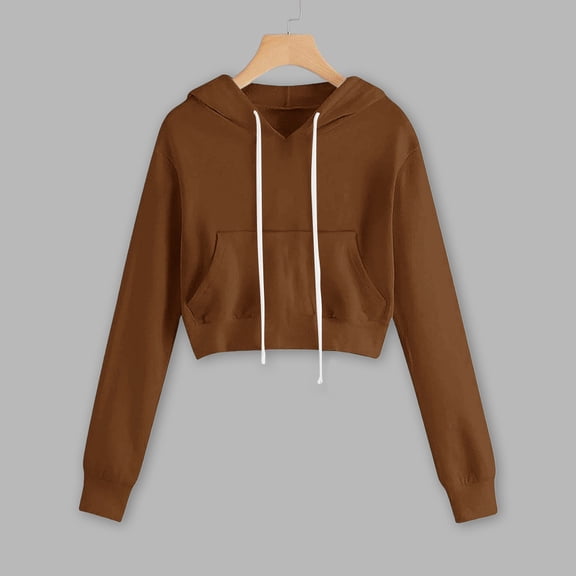 HLKJKLS Hoodies For Women Fashionable Casual Solid Color Pocket Short Long Sleeved Sweatshirt Brown S-3Xl