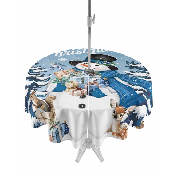 Outdoor Tablecloth with Umbrella Hole and Zipper, Blue Snowman Christmas Round Table Cloth 60 Inch Waterproof Tablecloth, Xmas Snowflake Gifts Winter Elk Picnic Table Cover for Patio Camping