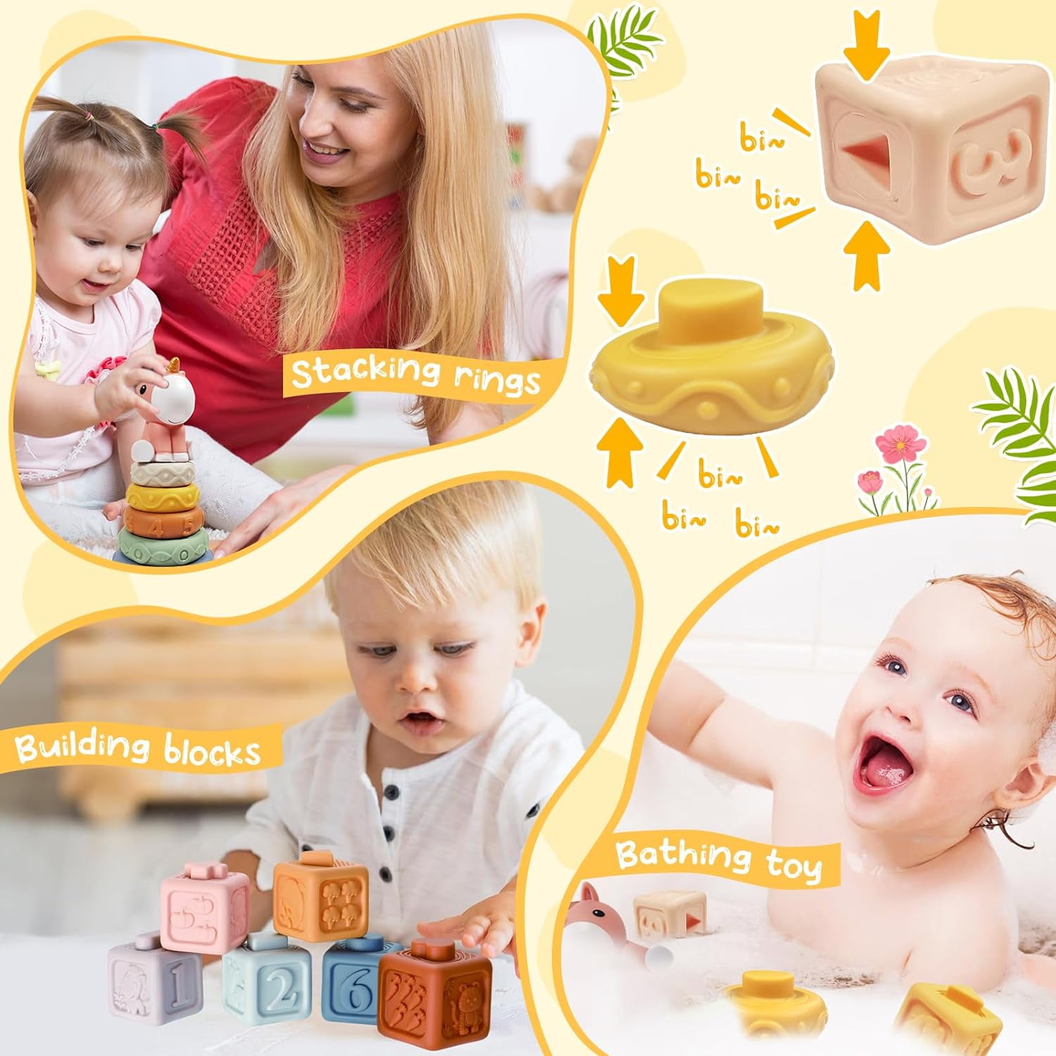 4-in-1 Montessori Baby Toy Set for 6-12 Months, Tissue Box Toy, Stacking Blocks, Building Blocks and Dinosaur Toy, Sensory Gift for Infants