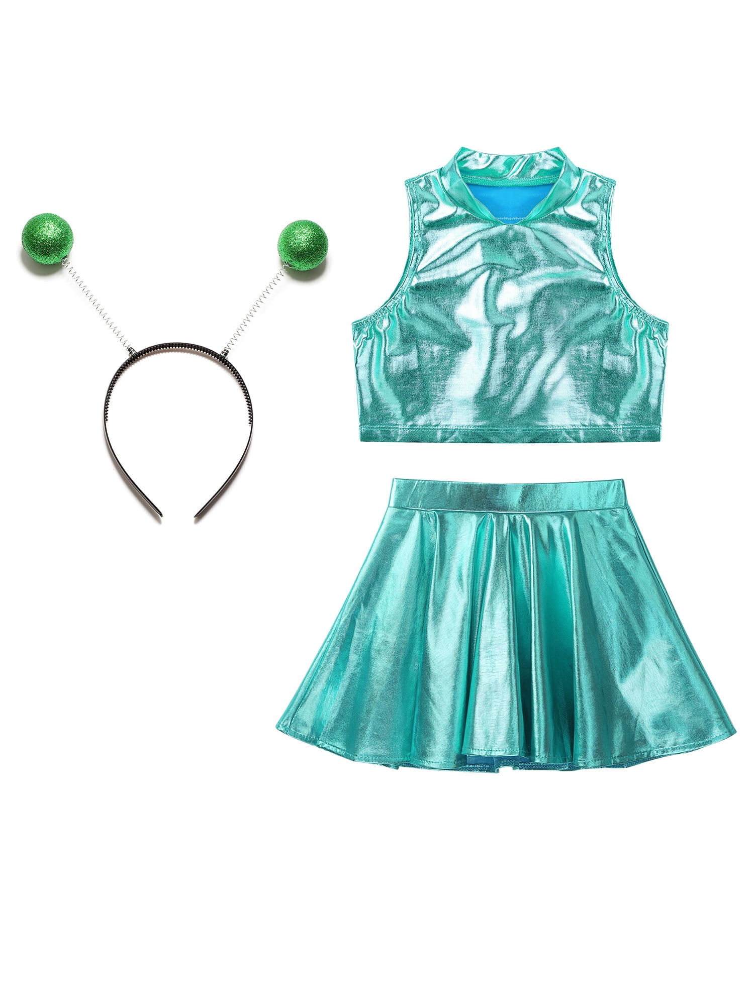 Doomiva 3Pcs Space Alien Outfit for Girls Holographic Metallic Skirt with Crop Top and Hair Hoop Set Lake Blue 16