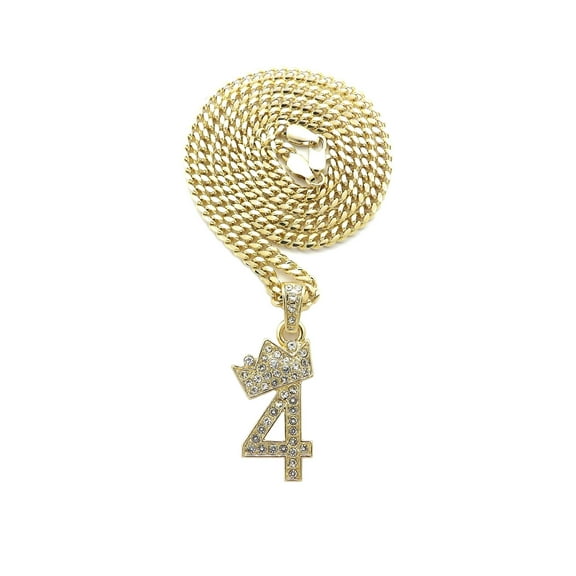 Stone Stud Tilted Crown Number Micro Pendant with 4mm Cuban Chain Necklace, #4/Gold-Tone/30"